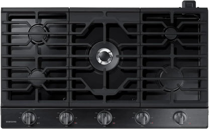 Samsung 36-inch gas cooktop with four burners, black finish, and control knobs, designed for efficient cooking.
