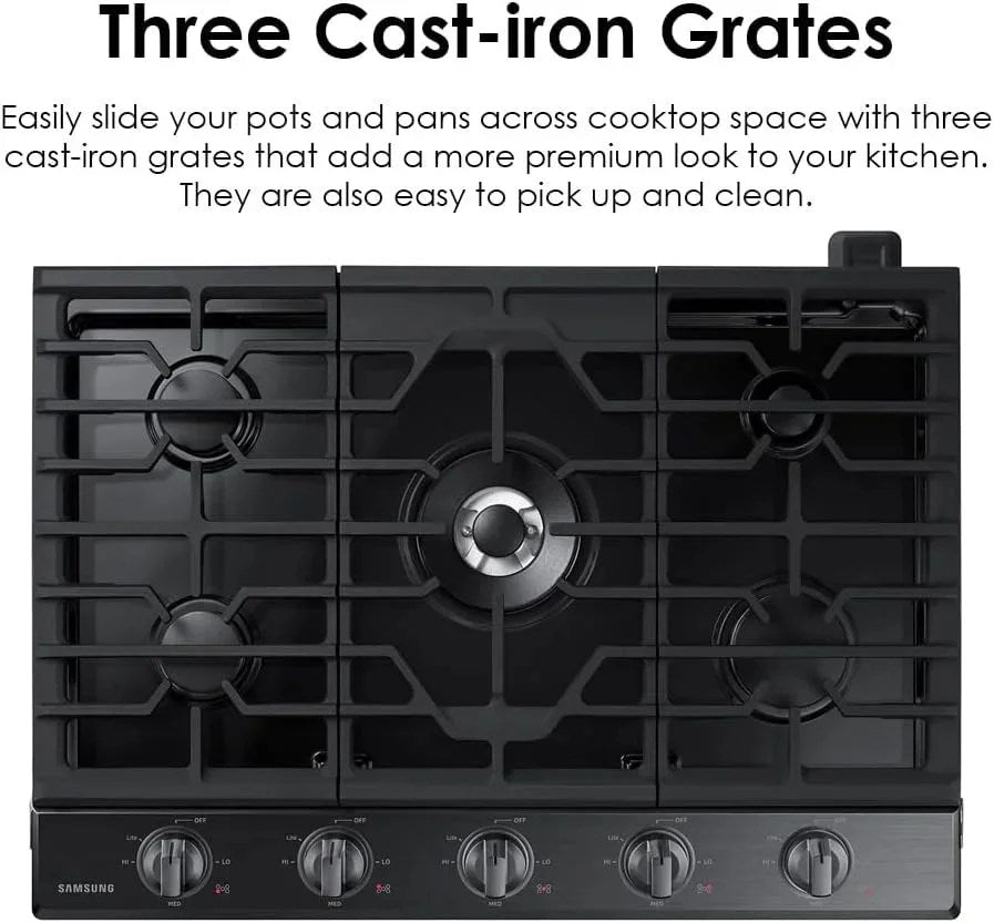 Samsung 36-inch gas cooktop with four burners and stainless steel finish, showcasing the appliance's sleek design and burners.