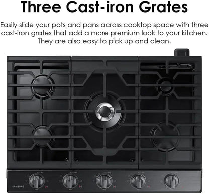 Samsung 36-inch gas cooktop with four burners and stainless steel finish, showcasing the appliance's sleek design and burners.