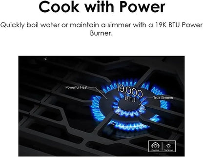 Samsung 36-inch gas cooktop with four burners and stainless steel finish, featuring control knobs and sturdy grates.
