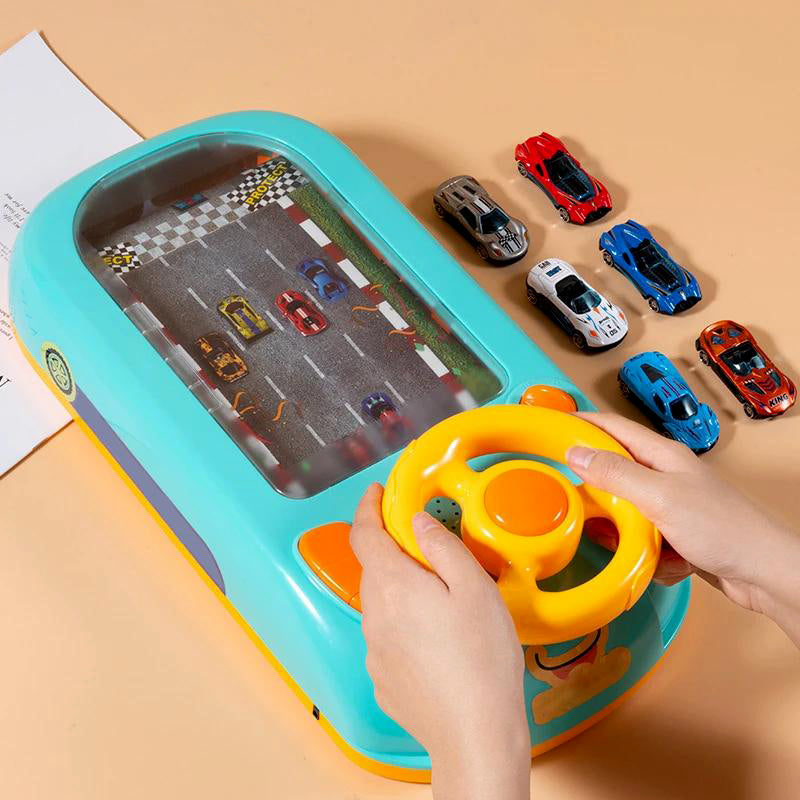 Belro automotive car race track toy with colorful tracks and racing cars on a smooth surface.