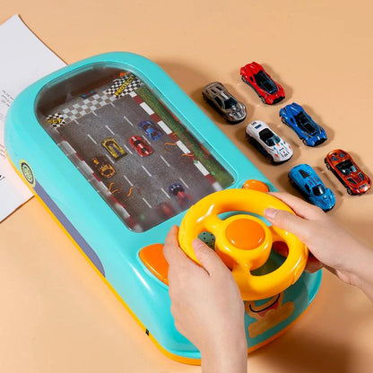 Belro automotive car race track toy with colorful tracks and racing cars on a smooth surface.