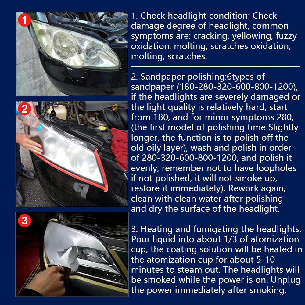 Belro headlight restoration kit with LED lights, featuring tools and supplies for cleaning and restoring vehicle headlights.