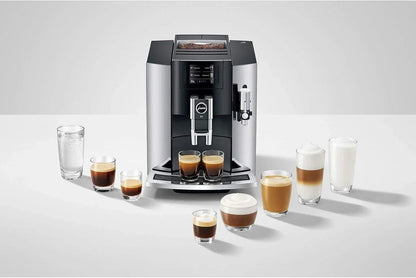 Casavibeo Jura E8 automatic coffee machine with sleek design and digital display, ready for brewing fresh coffee.