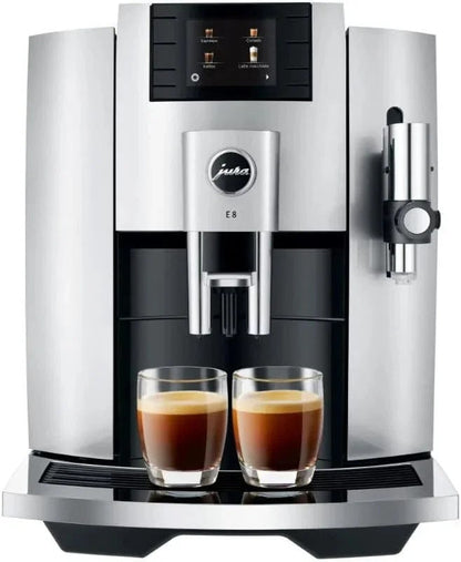 Casavibeo Jura E8 automatic coffee machine with sleek design, digital display, and stainless steel finish.