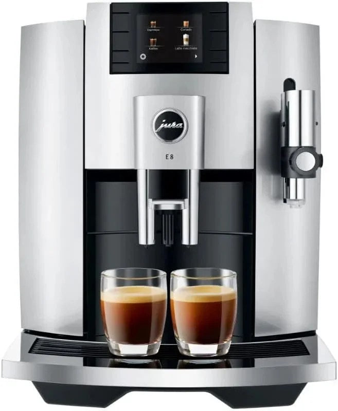 Casavibeo Jura E8 automatic coffee machine with sleek design, coffee spouts, control panel, and water reservoir visible in the image.