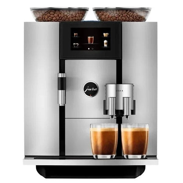 Jura GIGA 6 automatic coffee machine with dual coffee spouts and digital control panel, designed for premium coffee brewing.